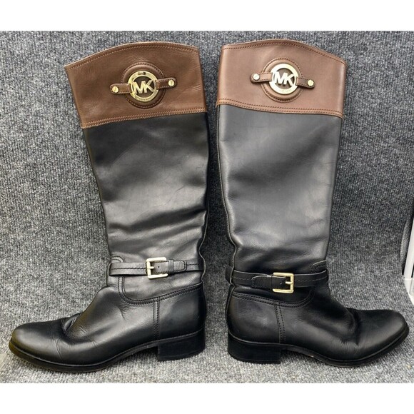 Michael Kors Riding Boots Women 8.5 Brown Black Gold Emblem Knee High Leather - Picture 1 of 14